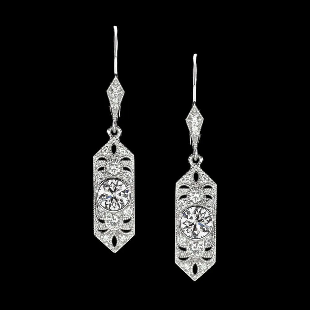 0.78ct NATURAL DIAMOND VINTAGE STYLE DROP EARRINGS ART DECO GEOMETRIC CLASSIC