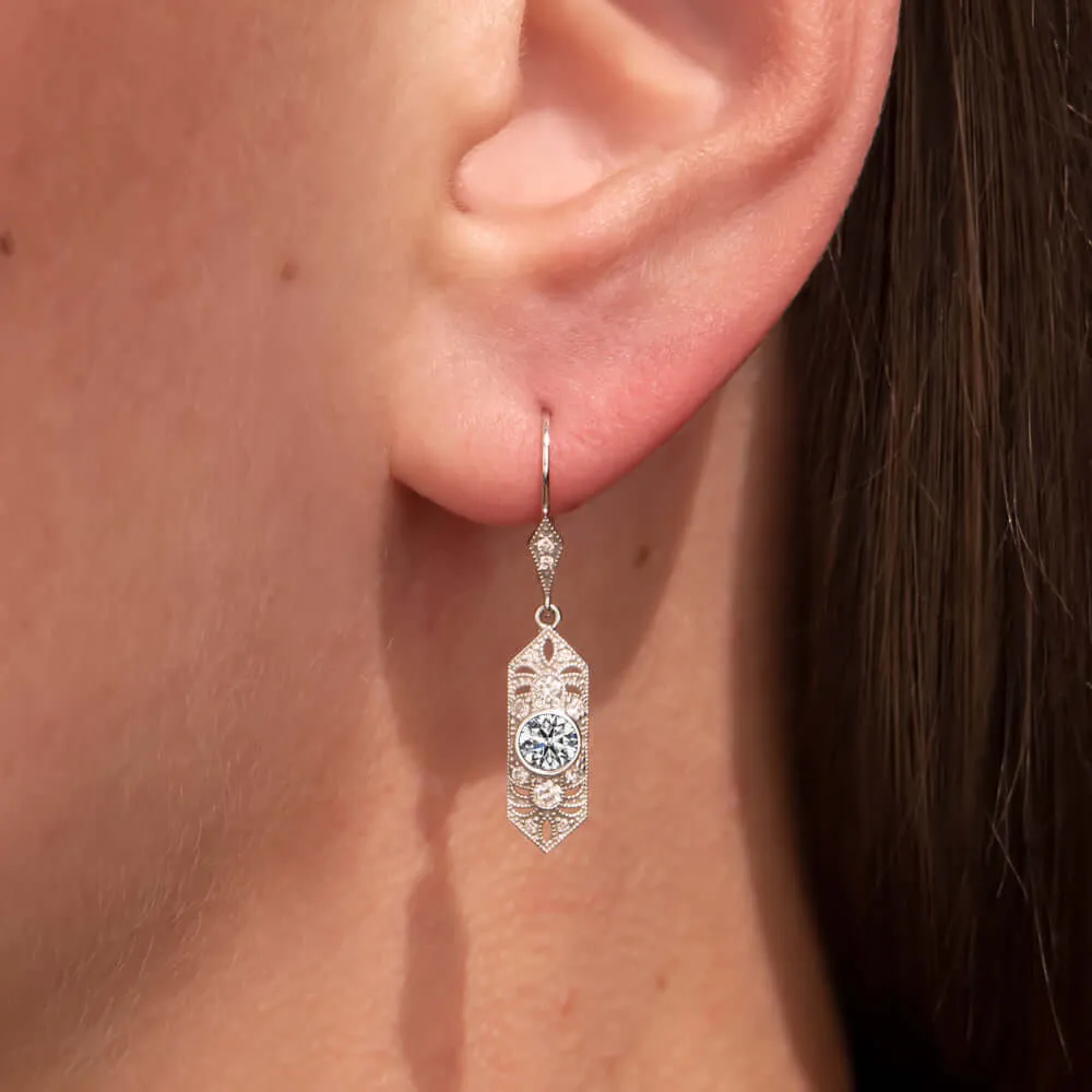 0.78ct NATURAL DIAMOND VINTAGE STYLE DROP EARRINGS ART DECO GEOMETRIC CLASSIC
