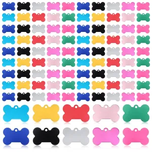 100 Pcs Blank Dog Tags for Engraving 38mm Pet ID Tags Aluminum Bone Shape Name Tag Colorful Double Stamping Dog Cat Phone Number Tag Collar Pendants with Hole