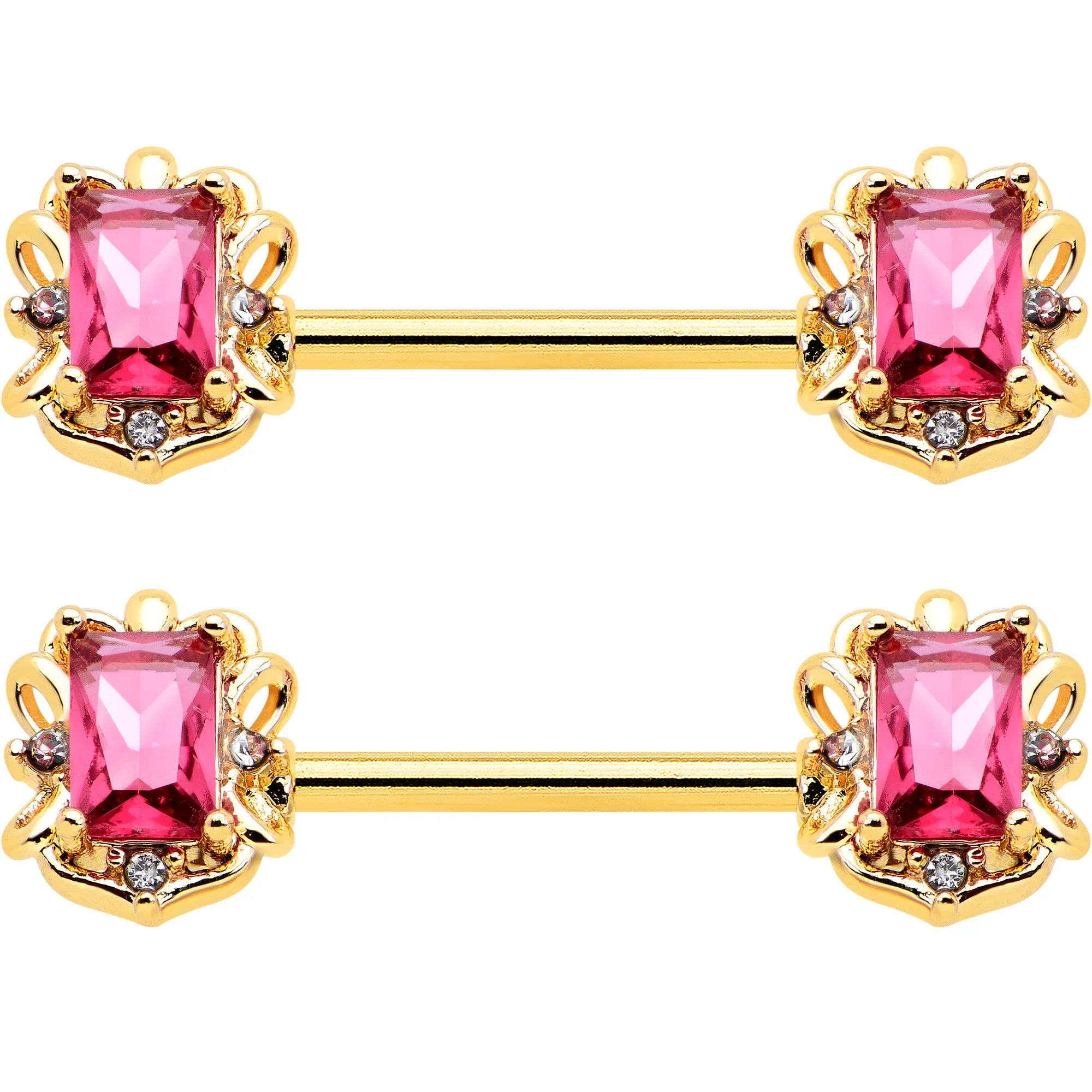14 Gauge 9/16 Red Gem Gold Hue Regal Escutcheon Barbell Nipple Ring Set