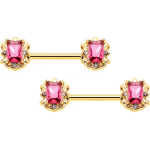 14 Gauge 9/16 Red Gem Gold Hue Regal Escutcheon Barbell Nipple Ring Set
