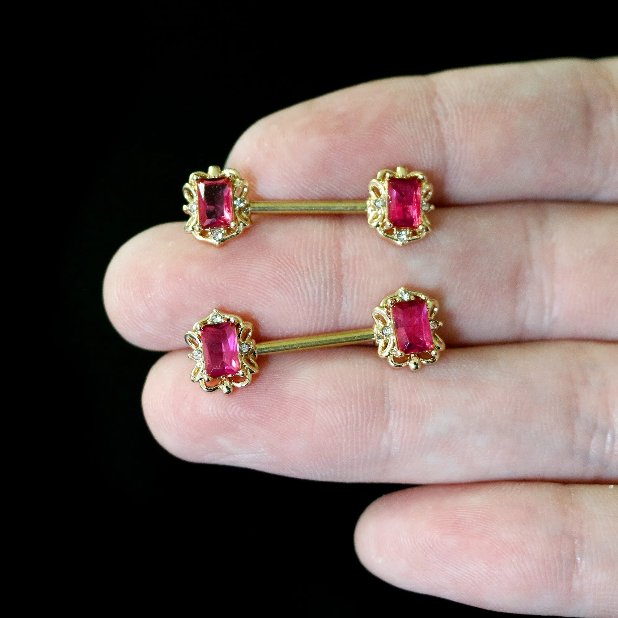 14 Gauge 9/16 Red Gem Gold Hue Regal Escutcheon Barbell Nipple Ring Set