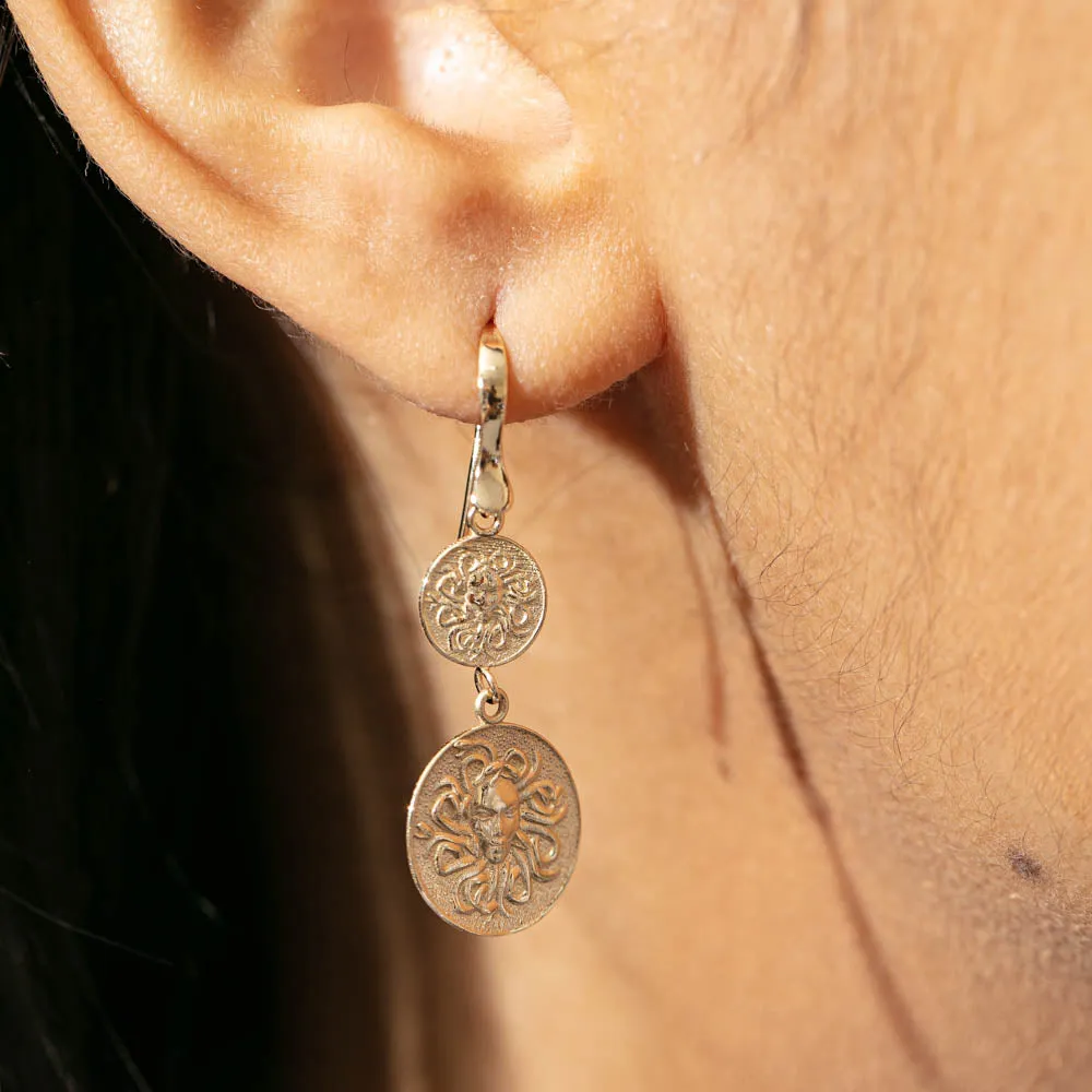 14ct Yellow Gold Medusa Drop Earrings