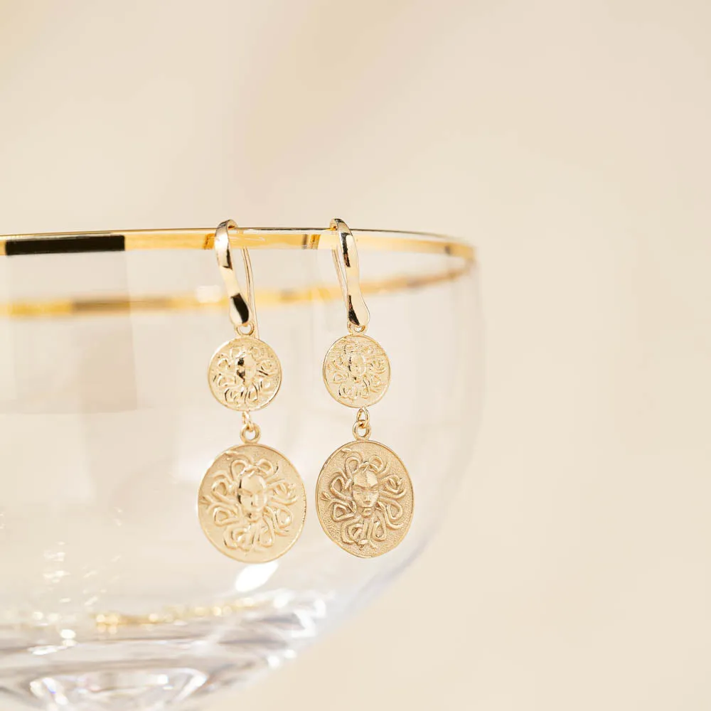 14ct Yellow Gold Medusa Drop Earrings