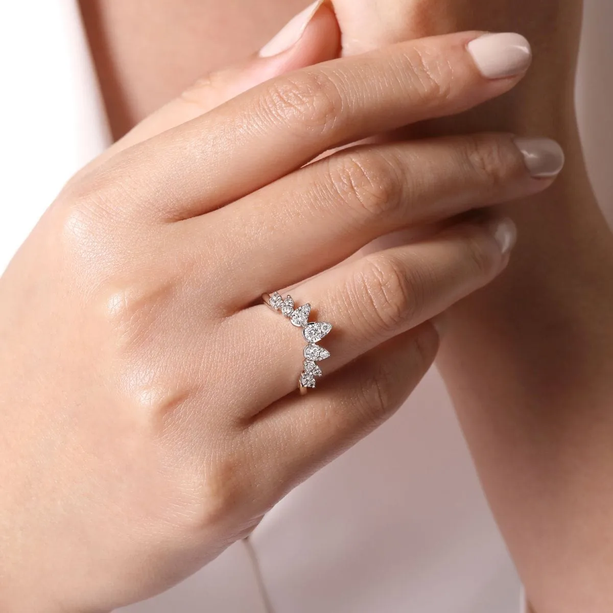 14K White Gold Diamond Burst Curved Ring - LR52192W45JJ