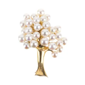 14K Yellow Gold Pearl Tree Brooch