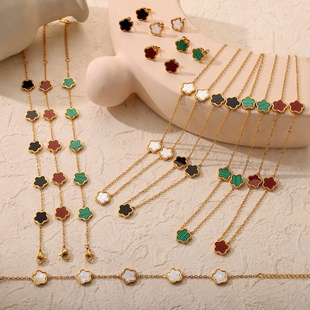 18K gold exquisite and noble flower inlaid gemstone design light luxury style earrings bracelet necklace set