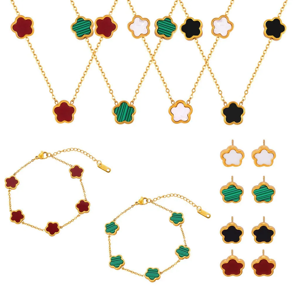 18K gold exquisite and noble flower inlaid gemstone design light luxury style earrings bracelet necklace set