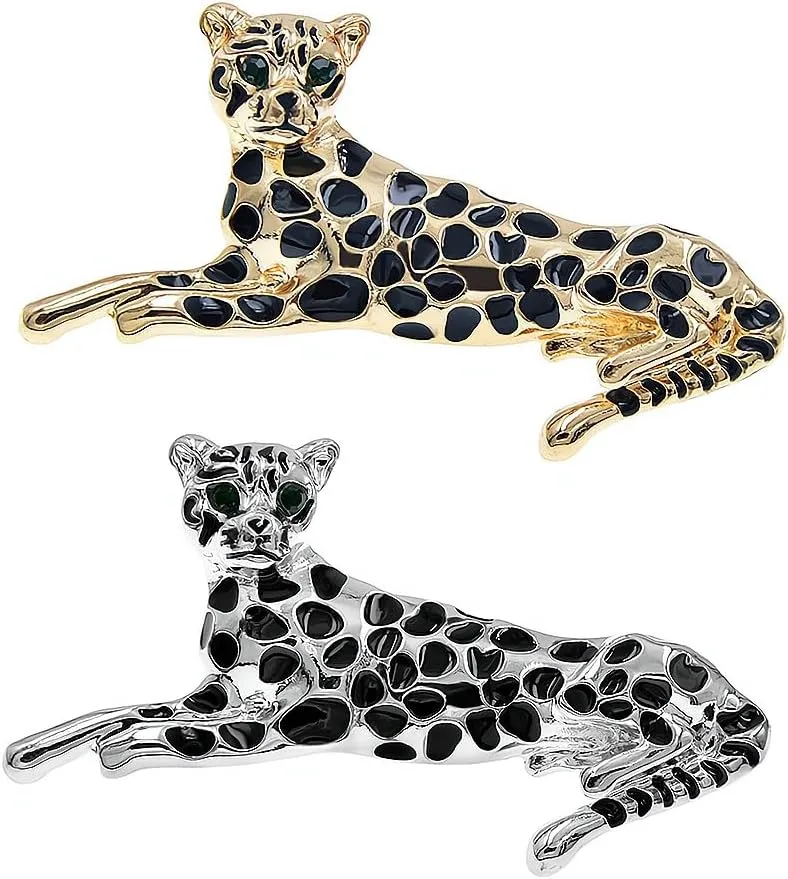 2Pcs Enamel Leopard Brooch Women Child animal Brooches Pin Fashion Winter Accessories Gold Silver
