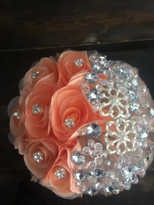 7" throw away Peach Gold bridal bouquet/ presentacion 3 anos/Wedding brooch bouquet/Peach bouquet/keepsake bouquet/3 anos