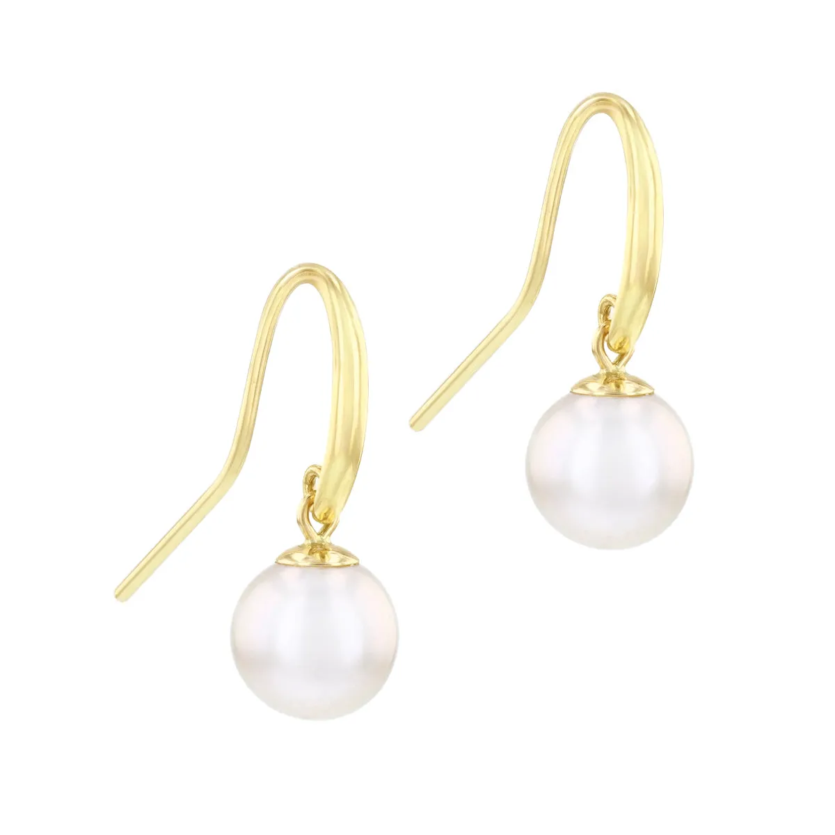 8-8.5mm White Cultured River Pearl Drop Earrings With Shepherds Crook Fittings | 9K Yellow Gold