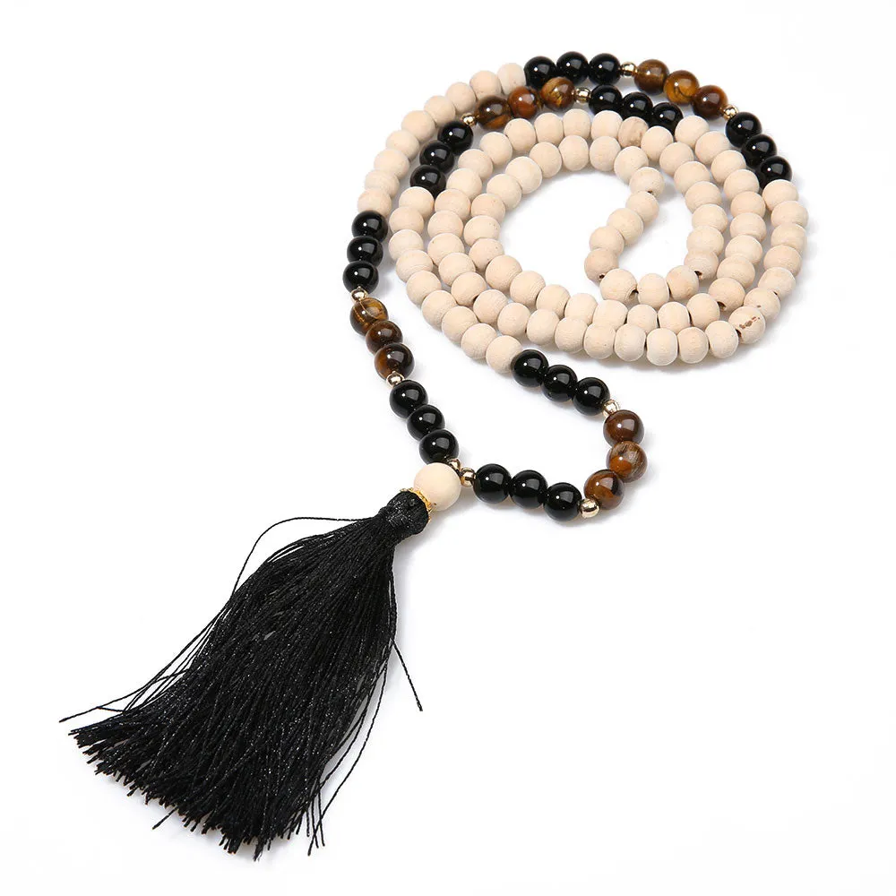 8mm Wooden Beads Yellow Tiger Eyes Black Onyx Beaded Necklace