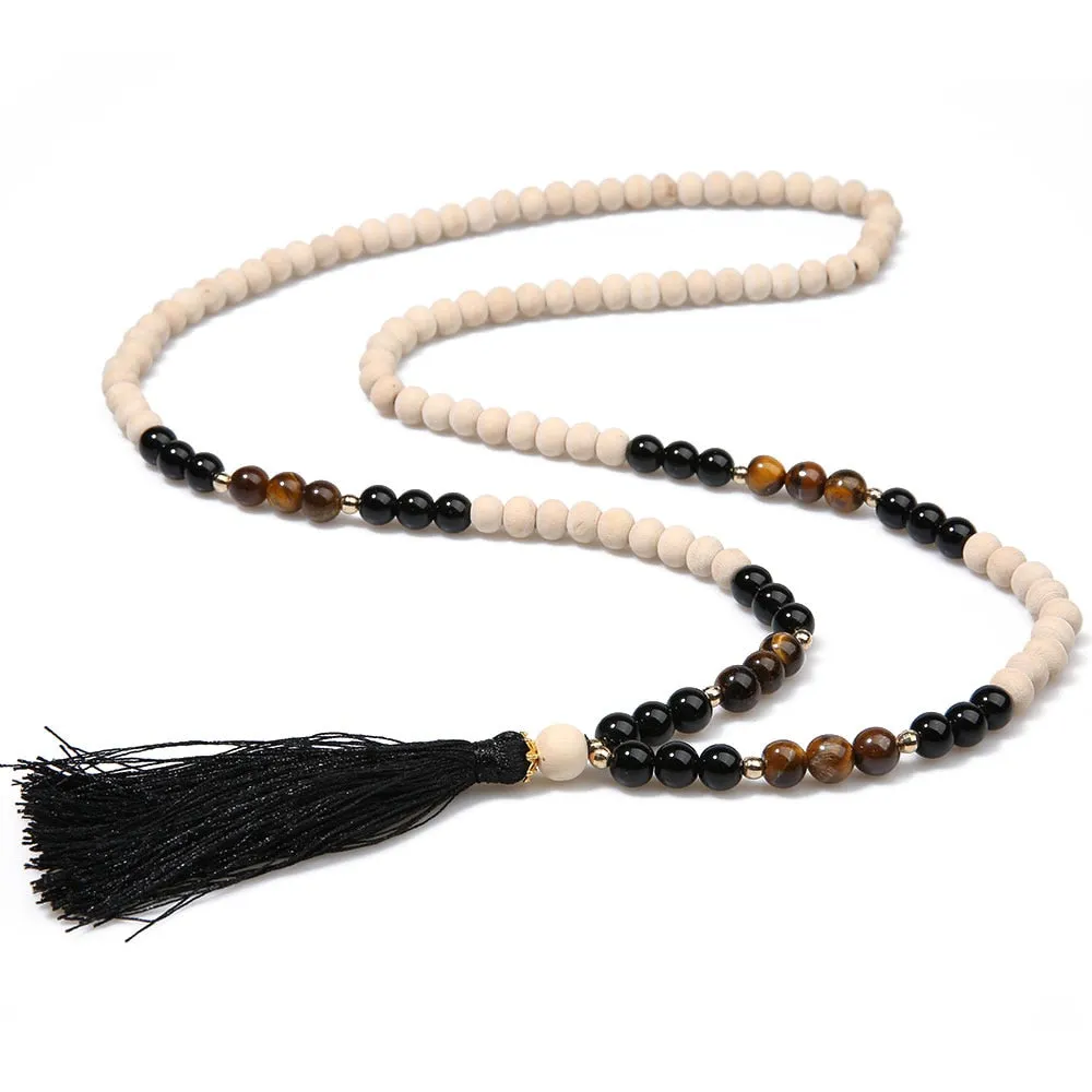 8mm Wooden Beads Yellow Tiger Eyes Black Onyx Beaded Necklace