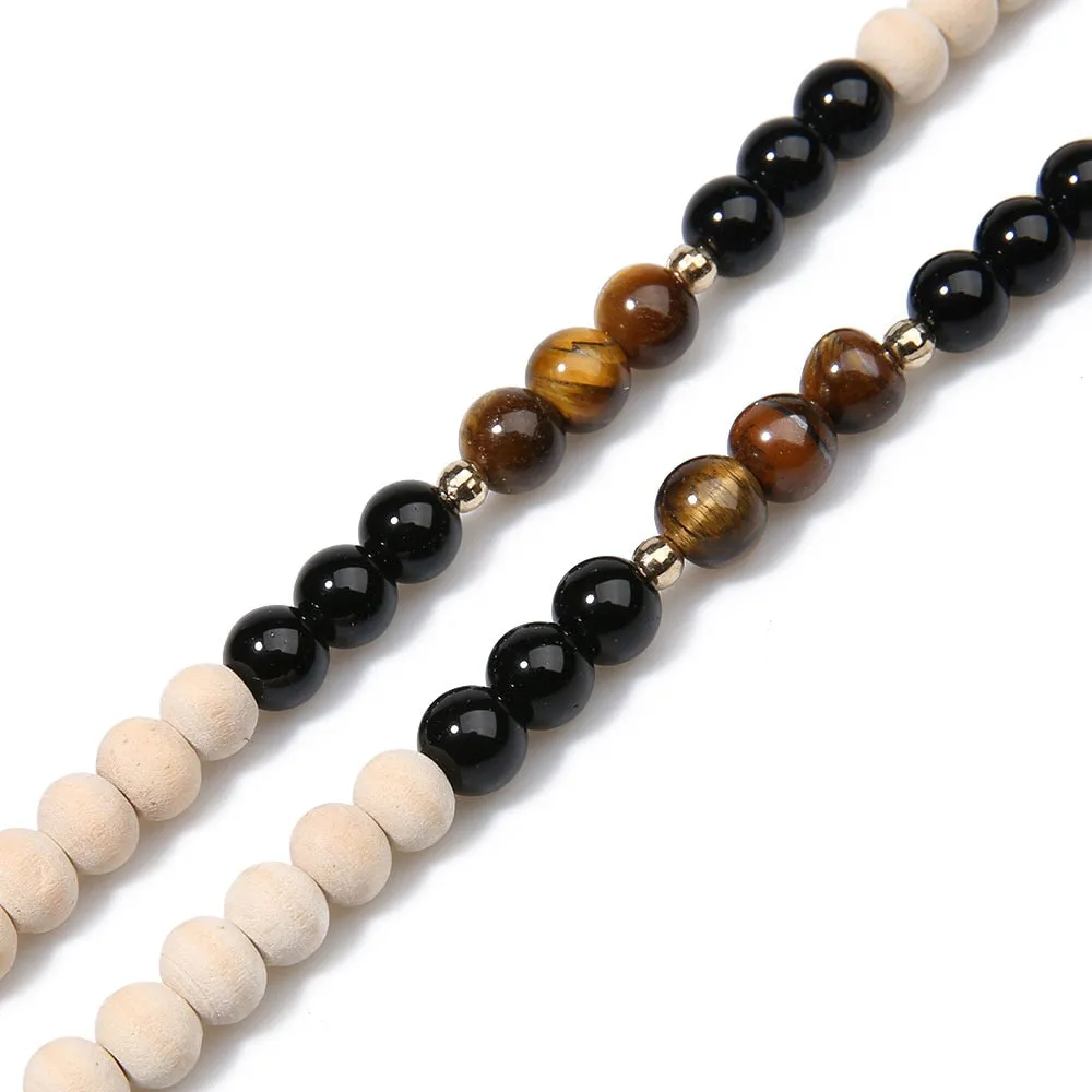 8mm Wooden Beads Yellow Tiger Eyes Black Onyx Beaded Necklace