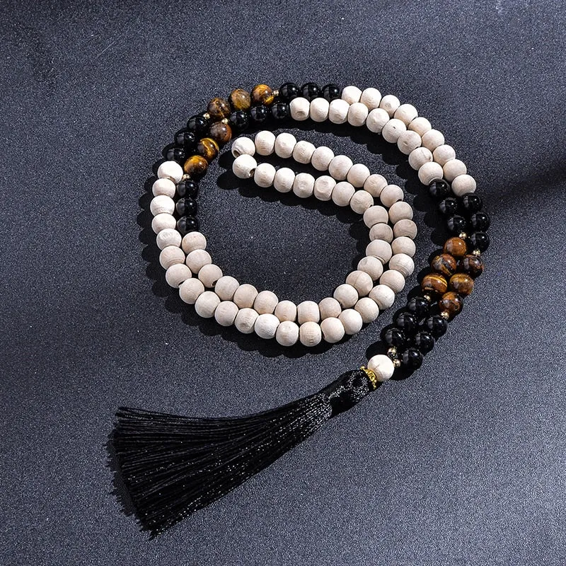 8mm Wooden Beads Yellow Tiger Eyes Black Onyx Beaded Necklace