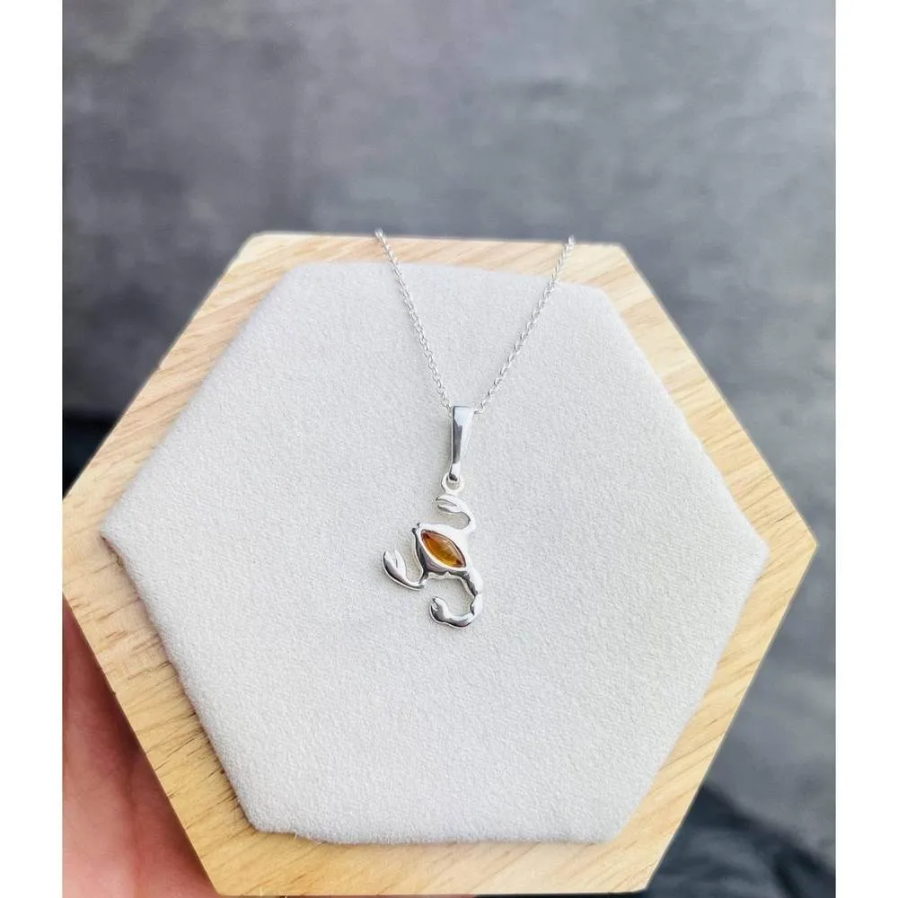 925 Sterling Silver & Genuine Baltic Amber Classic Scorpio Pendant - K278