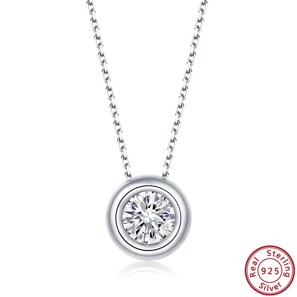 925 Sterling Silver Exquisite Round Shiny Zirconia Pendant Clear CZ Chain Necklace for Women