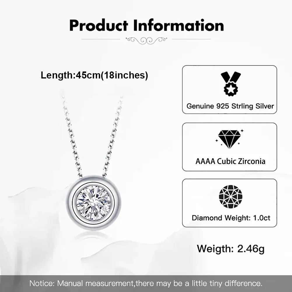 925 Sterling Silver Exquisite Round Shiny Zirconia Pendant Clear CZ Chain Necklace for Women