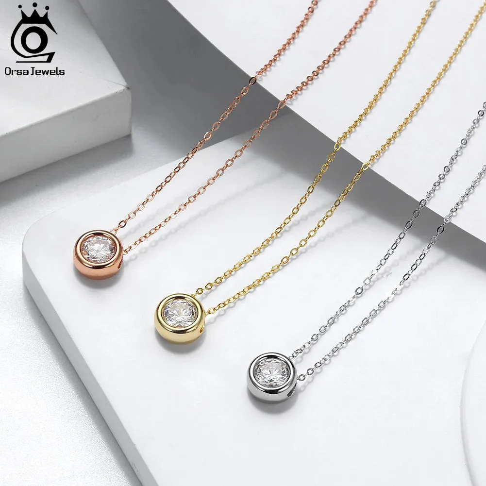 925 Sterling Silver Exquisite Round Shiny Zirconia Pendant Clear CZ Chain Necklace for Women