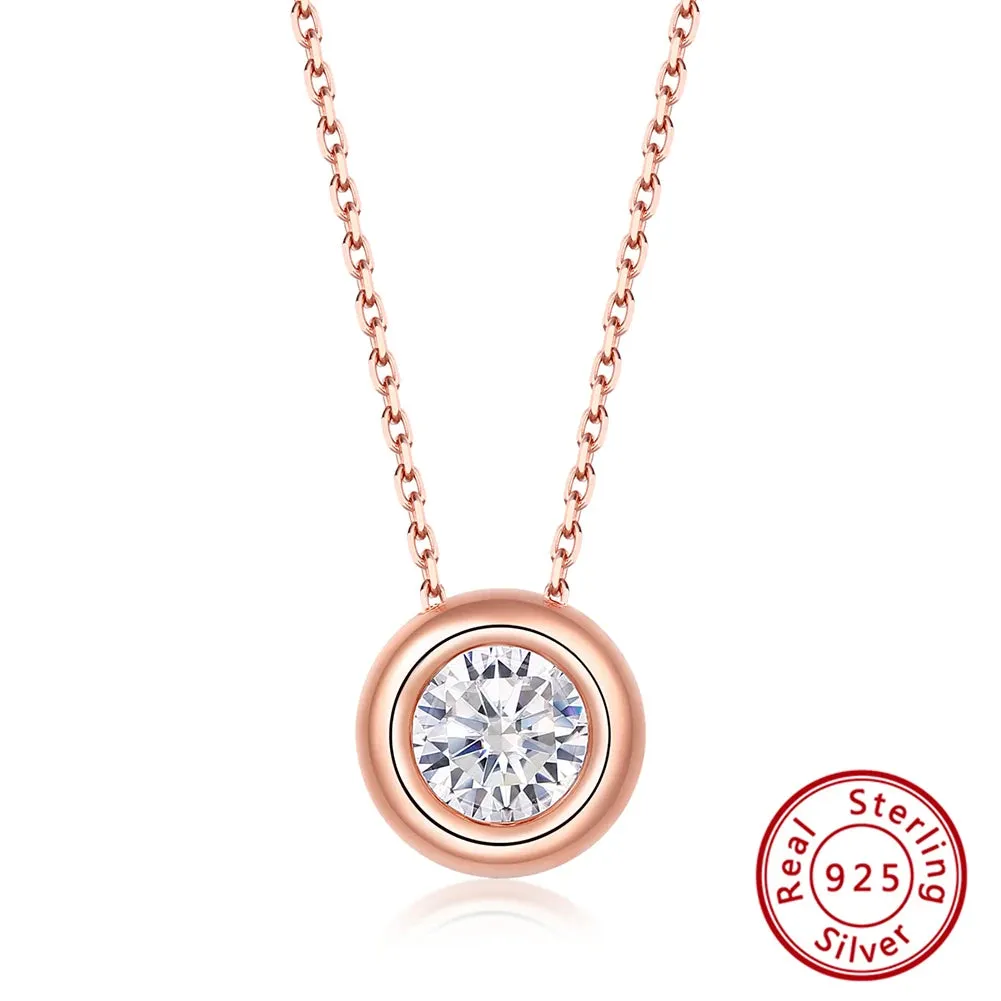 925 Sterling Silver Exquisite Round Shiny Zirconia Pendant Clear CZ Chain Necklace for Women