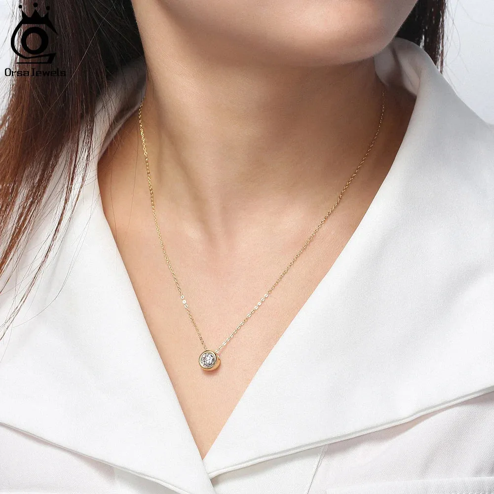 925 Sterling Silver Exquisite Round Shiny Zirconia Pendant Clear CZ Chain Necklace for Women