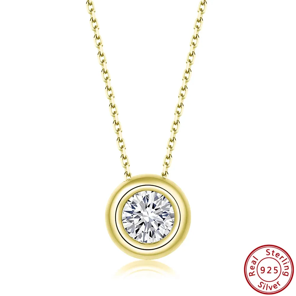 925 Sterling Silver Exquisite Round Shiny Zirconia Pendant Clear CZ Chain Necklace for Women