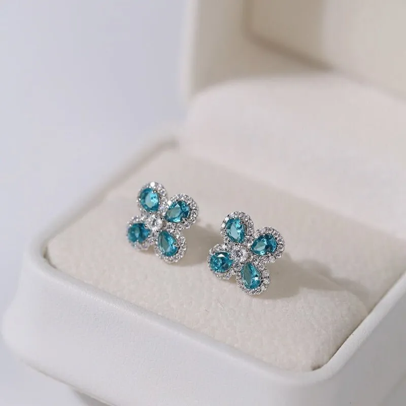 925 Sterling Silver Sky Blue Four-Leaf Stud Earrings