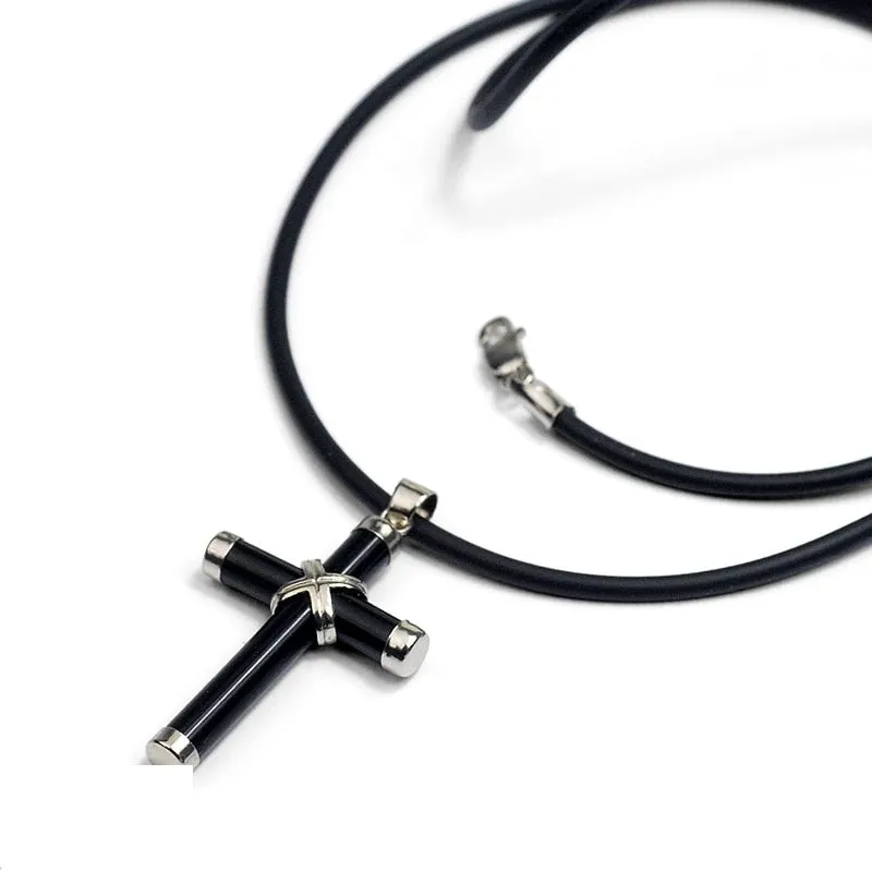 925 Sterling Silver with Black Onyx Cross Pendant Choker Necklace