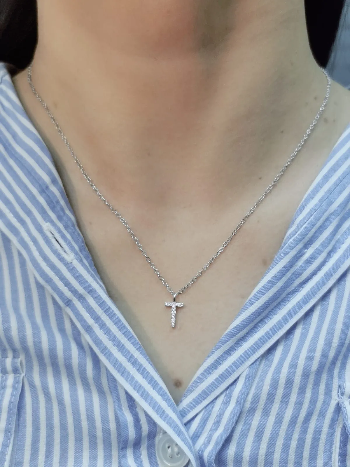 Alphabet T Diamond Pendant In 18k White Gold.