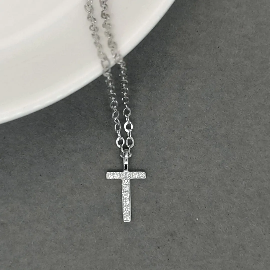 Alphabet T Diamond Pendant In 18k White Gold.