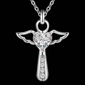 Angel Wing Cross Necklace - Cubic Zirconia Stone