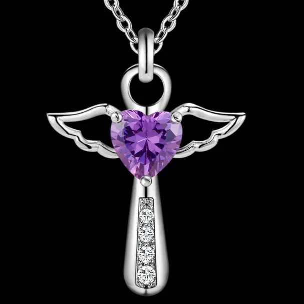 Angel Wing Cross Necklace - Cubic Zirconia Stone