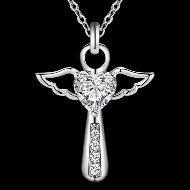 Angel Wing Cross Necklace - Cubic Zirconia Stone