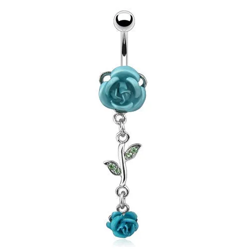 Aqua Dangling Roses Belly Ring