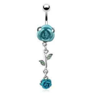 Aqua Dangling Roses Belly Ring