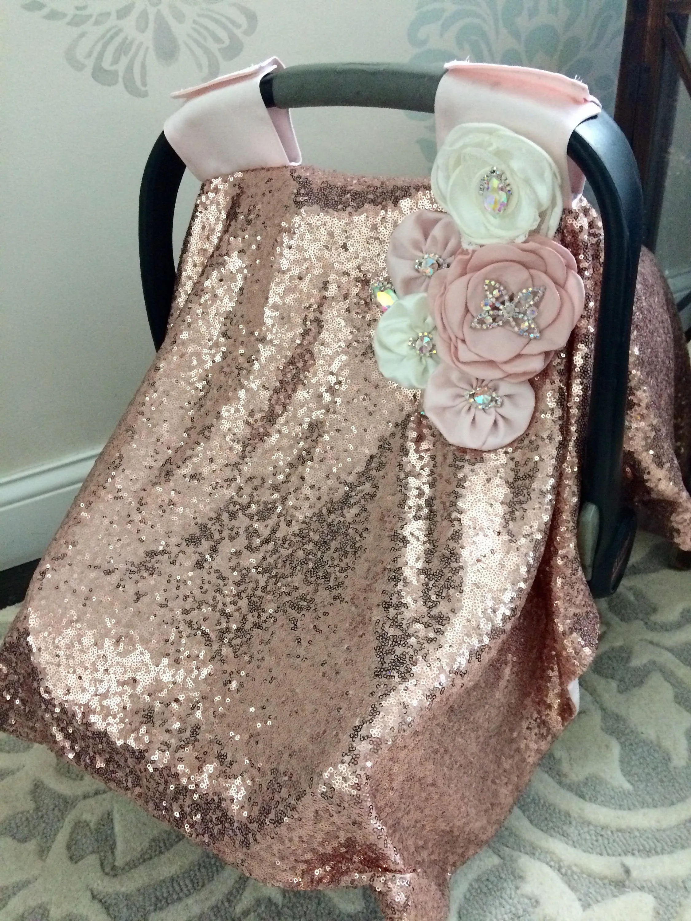 Baby carseat canopy Blush with rose gold sequin, flowers with ab effect brooches