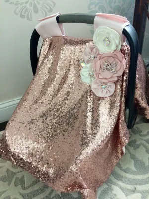 Baby carseat canopy Blush with rose gold sequin, flowers with ab effect brooches