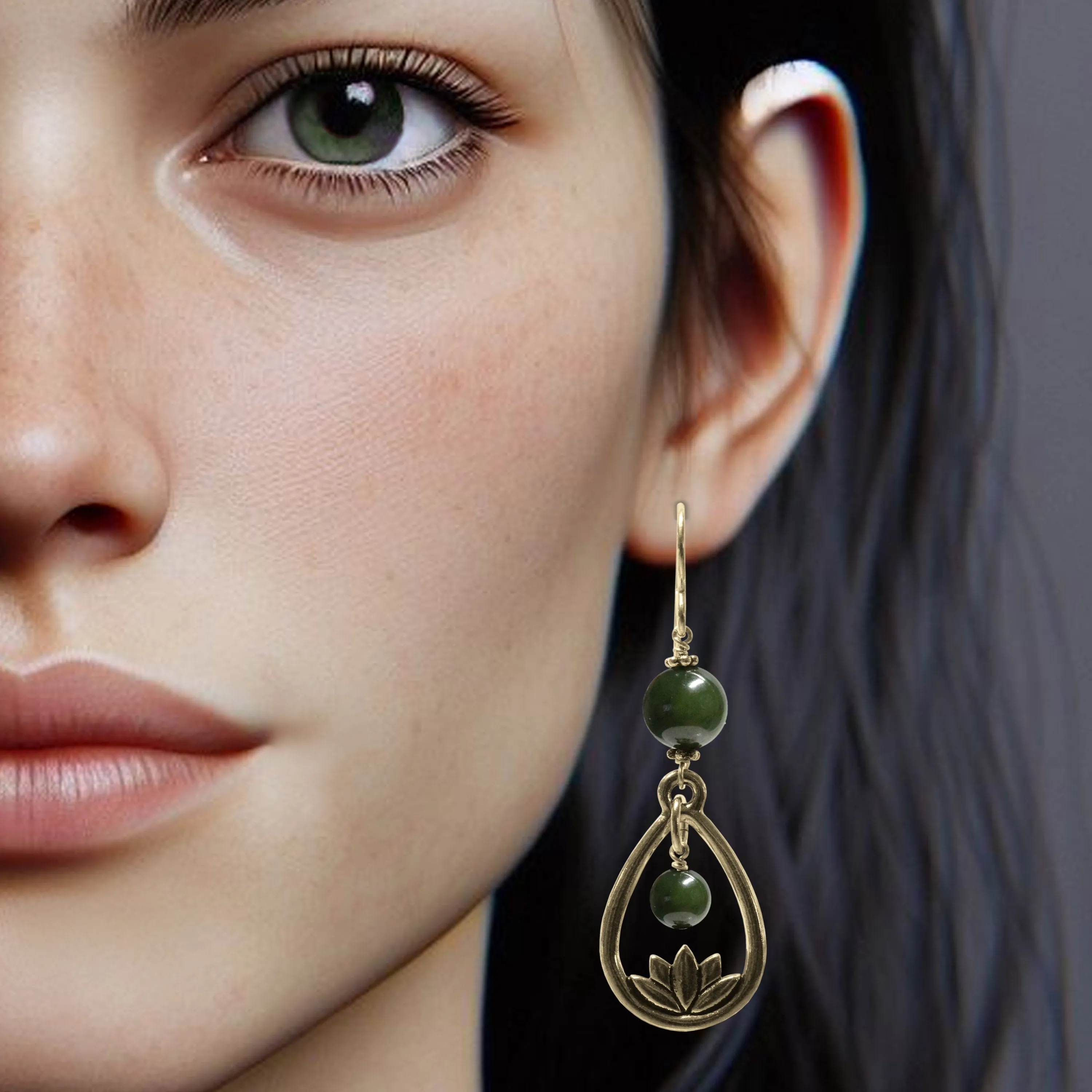 BC Jade Lotus Earrings / 58mm length / gold filled hook earwires