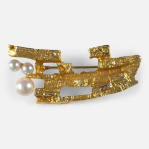 Björn Weckström Lapponia 'Bow of Argo' Brooch - 14ct Gold with Pearls