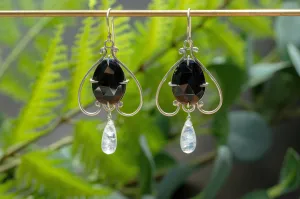 Black agate bell flower dangle earrings