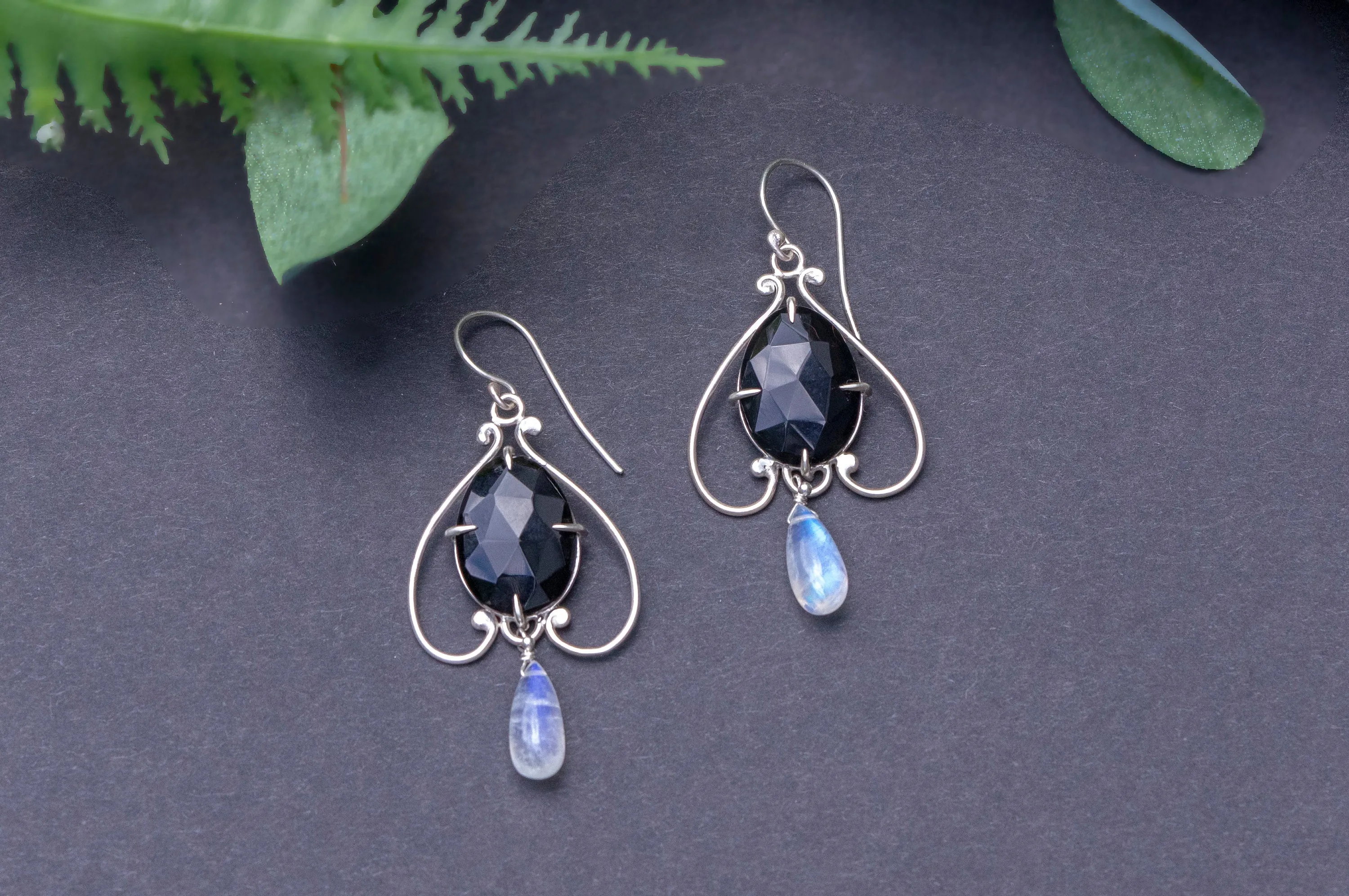 Black agate bell flower dangle earrings