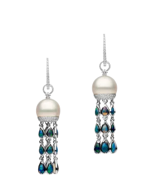 Black Opal Hero Lavalier Pearl Earrings | 10mm Oval Pearls, Black Opals, and White Gold