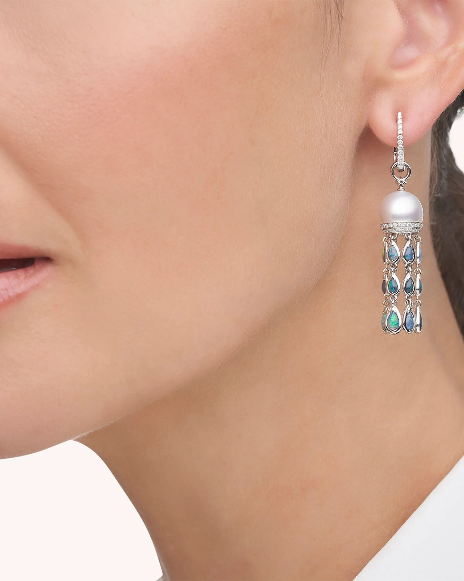 Black Opal Hero Lavalier Pearl Earrings | 10mm Oval Pearls, Black Opals, and White Gold