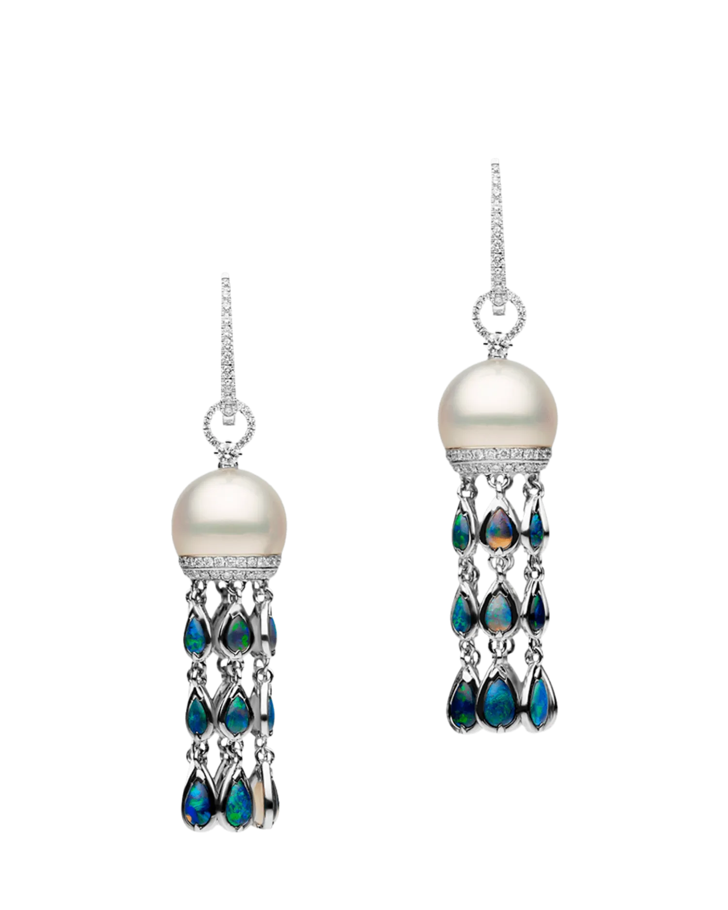 Black Opal Hero Lavalier Pearl Earrings | 10mm Oval Pearls, Black Opals, and White Gold
