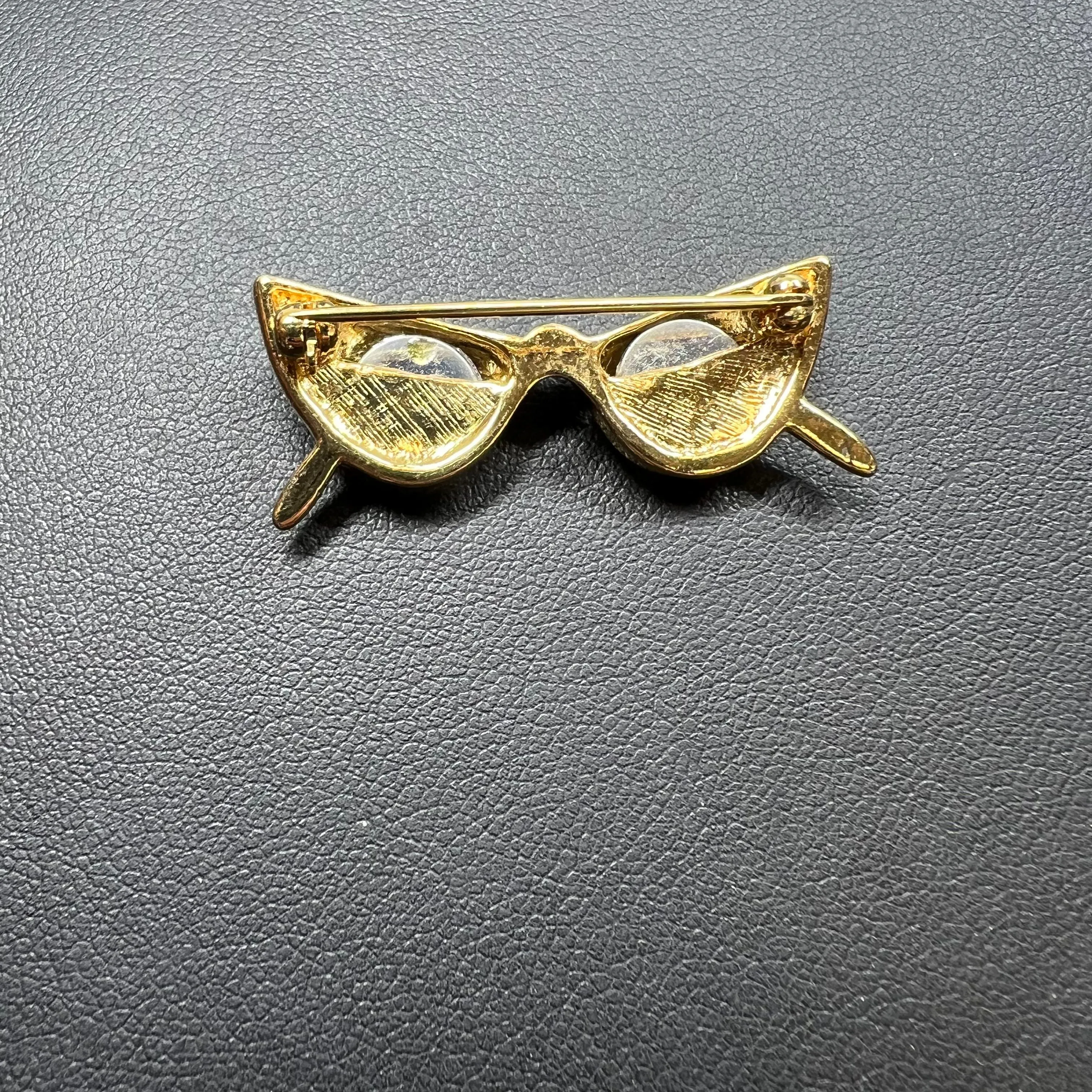 Bling Eyeglasses Brooch Gold Tone Black Cat Eye Glasses