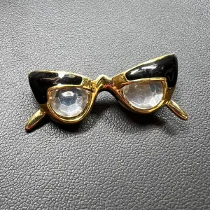 Bling Eyeglasses Brooch Gold Tone Black Cat Eye Glasses