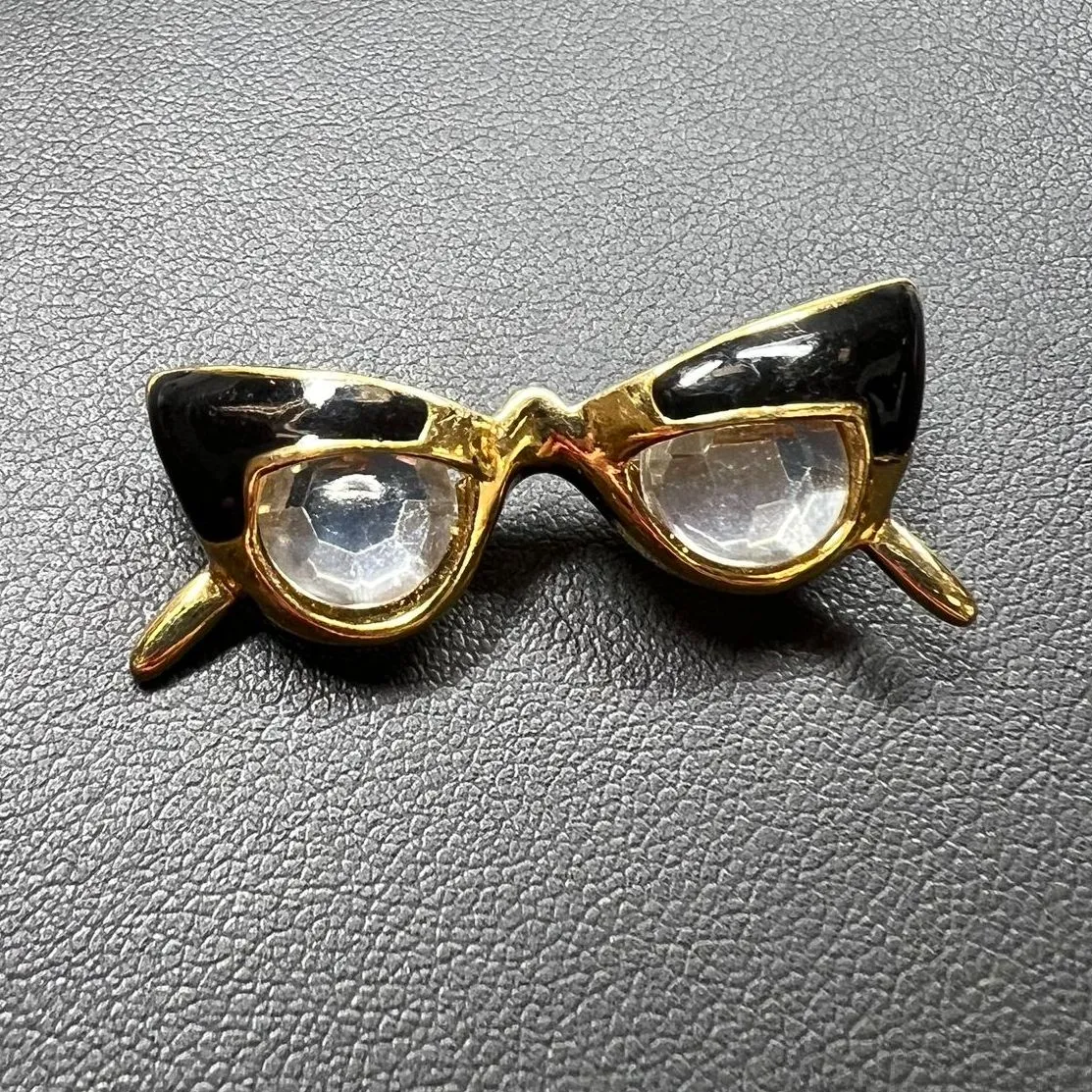 Bling Eyeglasses Brooch Gold Tone Black Cat Eye Glasses