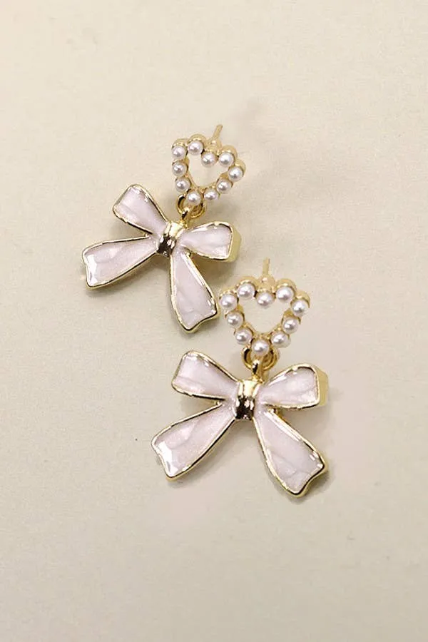 BOW HEART PEARL DROP EARRINGS | 80E3002:Gold