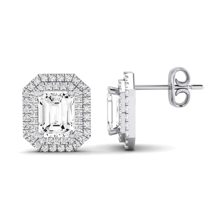 Cerise Emerald Cut Lab Diamond Halo Stud Earrings
