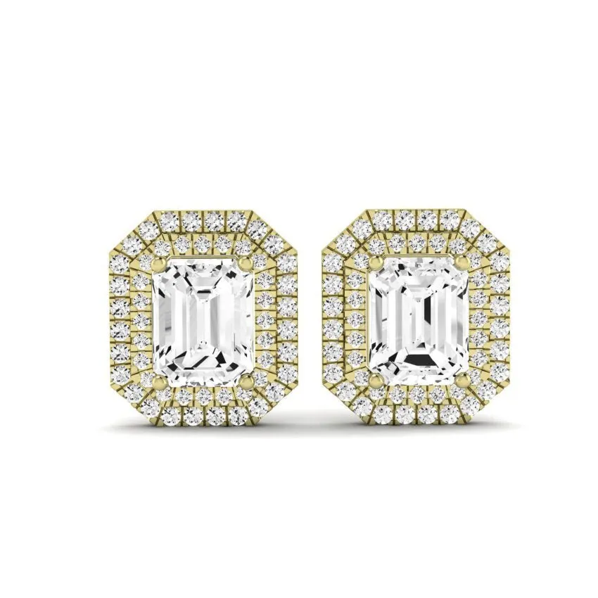 Cerise Emerald Cut Lab Diamond Halo Stud Earrings